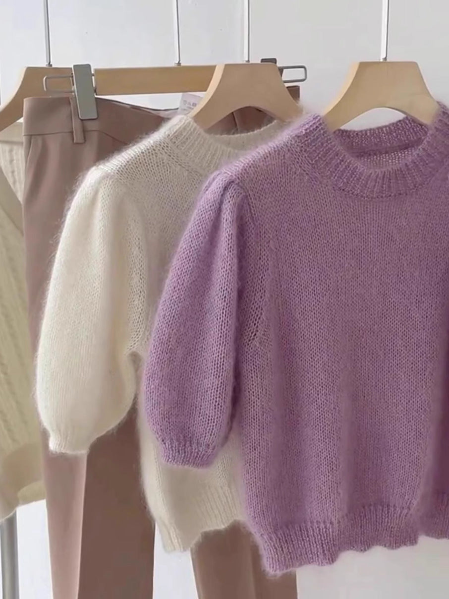 Round Neck Short Sleeve Worsted Woolen Knit Top