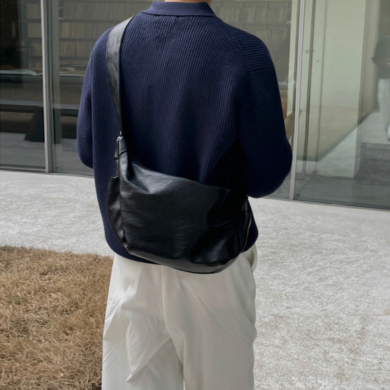 Simple Style Mens Crossbody Shoulder Bag Large Capacity For Riding Commuter Urban Travel PU Leather Black