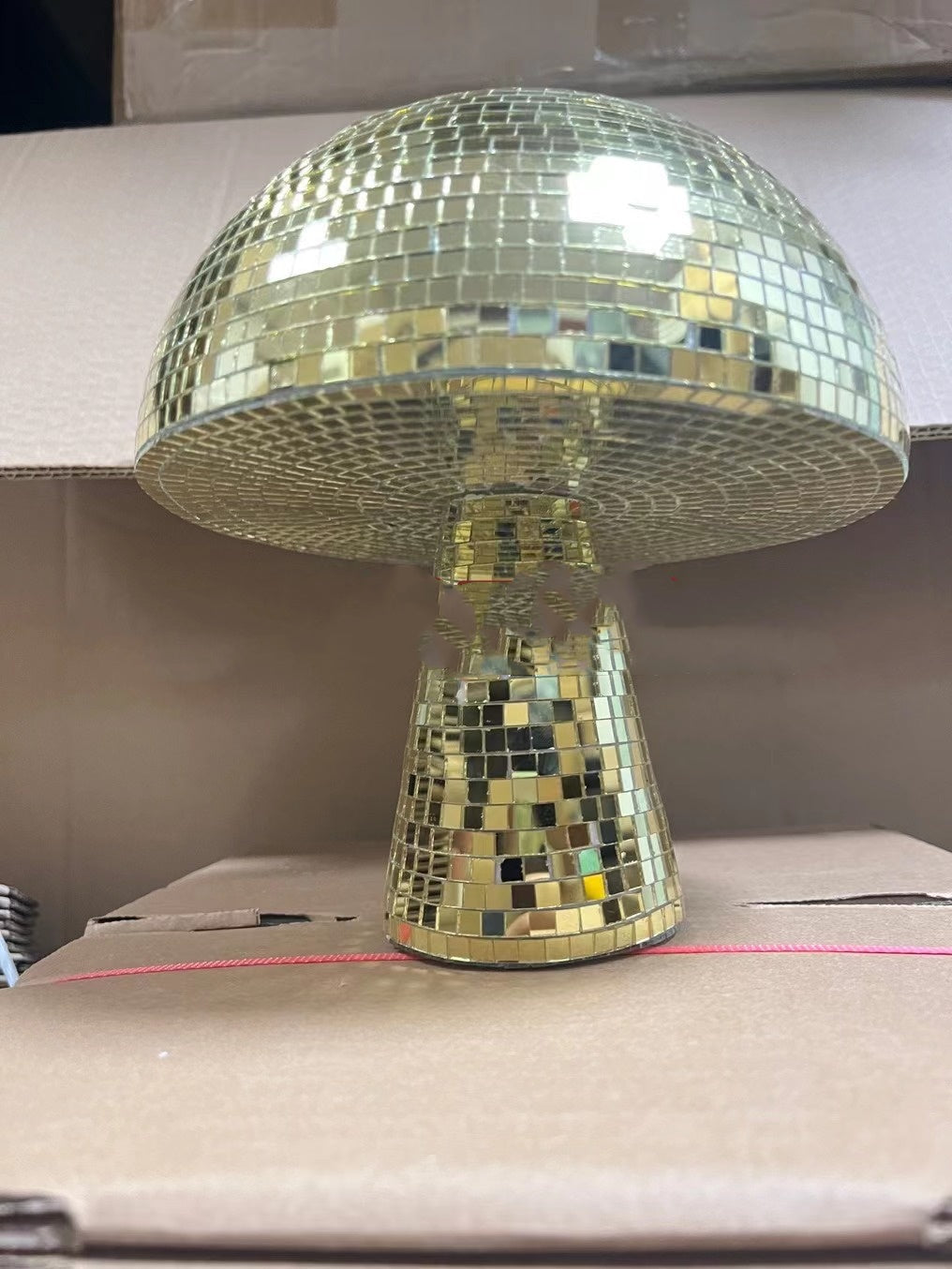 Gold mirror-glass mushroom disco ball with reflective mosaic cap and stem