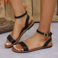 Women’s single-strap flat buckle sandals, black flat sandal with buckle at ankle