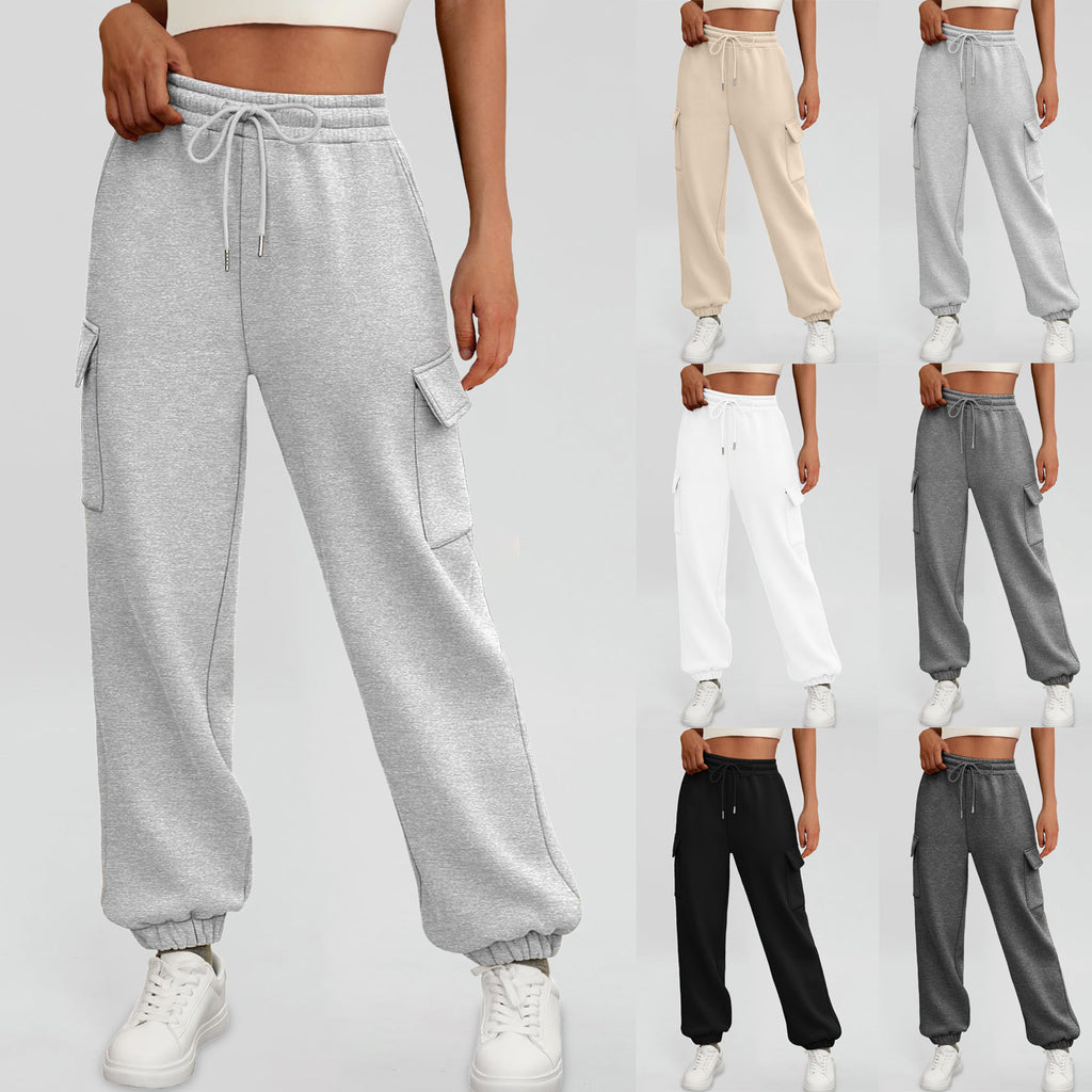 Women’s baggy cargo jogger sweatpants with drawstring waist, side pockets, gray
