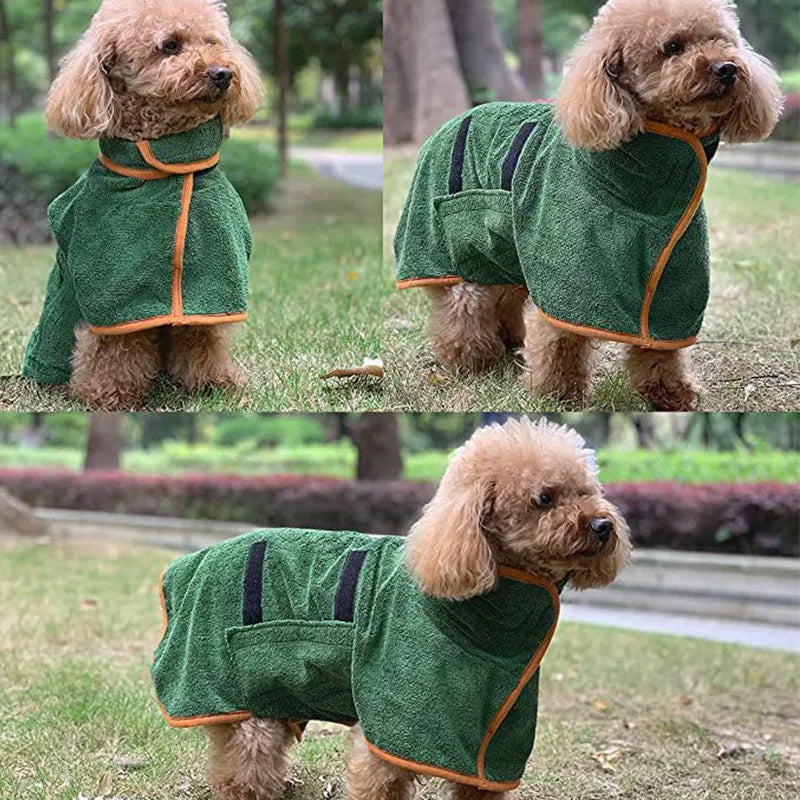Green pet bathrobe towel on dog, orange trim and adjustable neck tie visible