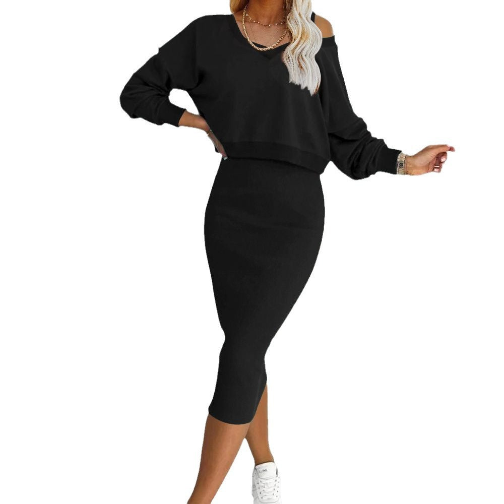 Women's black 2-piece sweatshirt top and midi dress set, long sleeves, bodycon fit