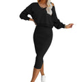 Women's black 2-piece sweatshirt top and midi dress set, long sleeves, bodycon fit