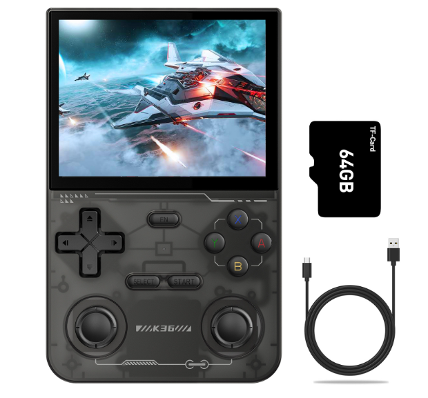 Retro handheld game console in dark gray with 3.5-inch IPS screen and USB cable.