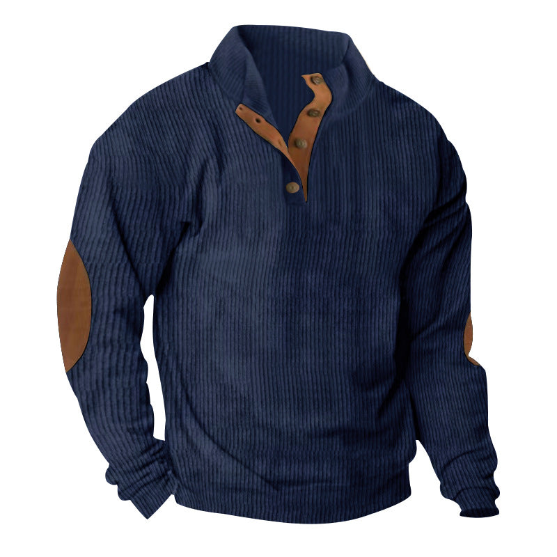 Corduroy stand collar pullover sweater in denim blue with button placket detail