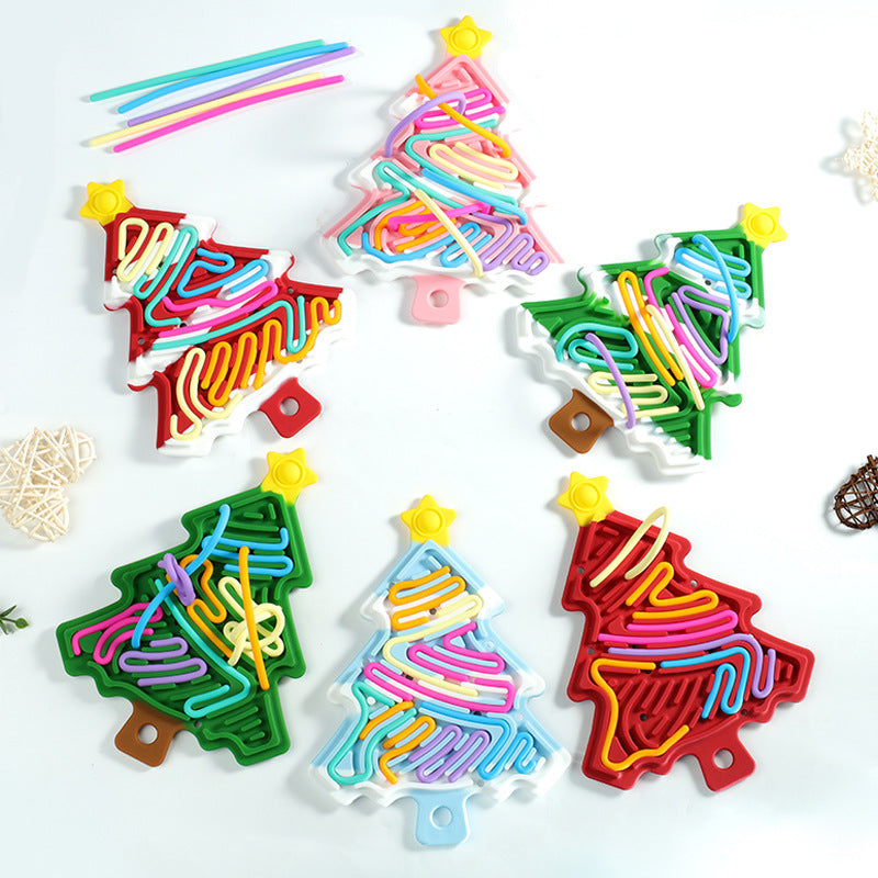 Set of colorful Christmas tree sensory boards with grooved lines, yellow star knobs, mixed colors