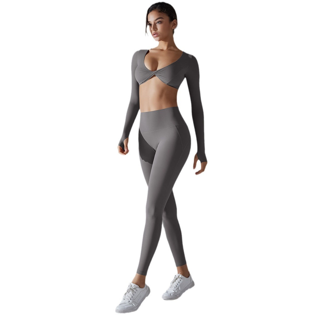 Yoga Clothes Sports Push Up Long Sleeve Top And Antibacterial Trousers Set For Workout Available In Multiple Colors