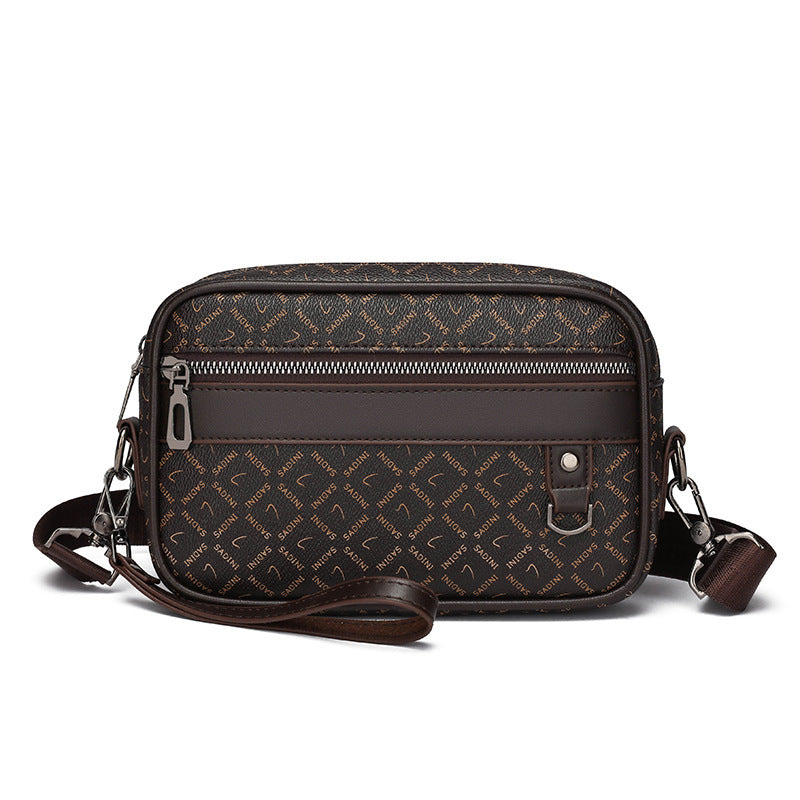 Casual Mens Horizontal Messenger Bag Large Capacity PU Leather Shoulder Bag Wear Resistant Geometric Pattern