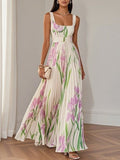 Sleeveless floral pleated maxi dress, square neckline, high waist, white/pink/green