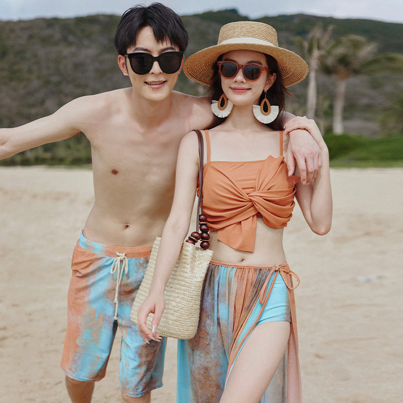 Couple Swimwear Women's Summer Bikini Three-piece Set Gathered Cover Belly Thin