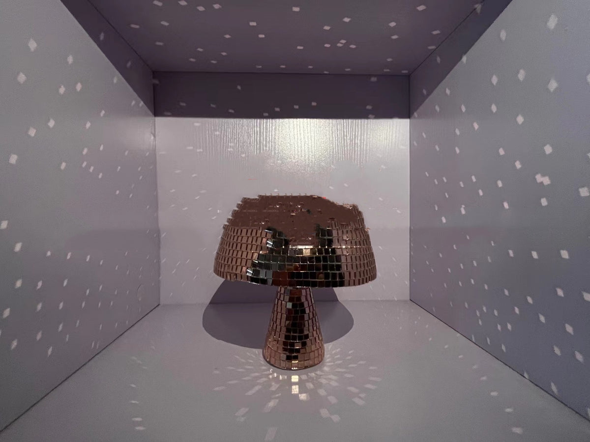 Bronze mirror-glass mushroom disco ball with reflective mosaic cap and stem