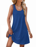 Blue sleeveless hollow-out swim cover-up dress with scoop neckline and relaxed A-line