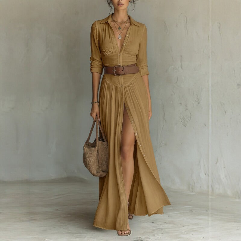 Brown V-neck long maxi dress, side slit, gathered waist, button front