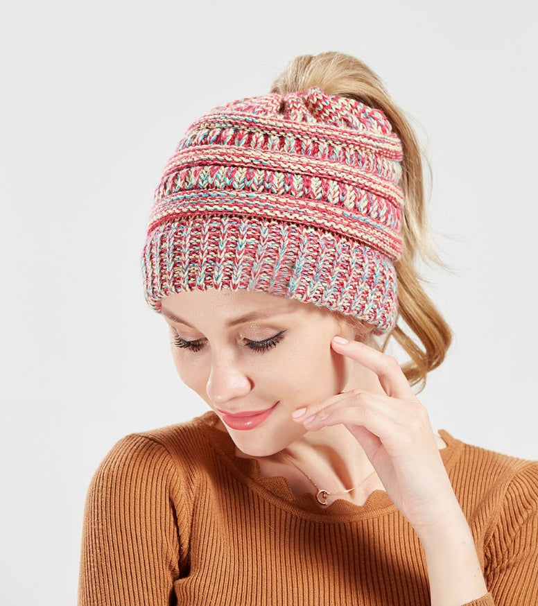 Mixed Color Knitted Wool Beanie - Ladies Ponytail Hat