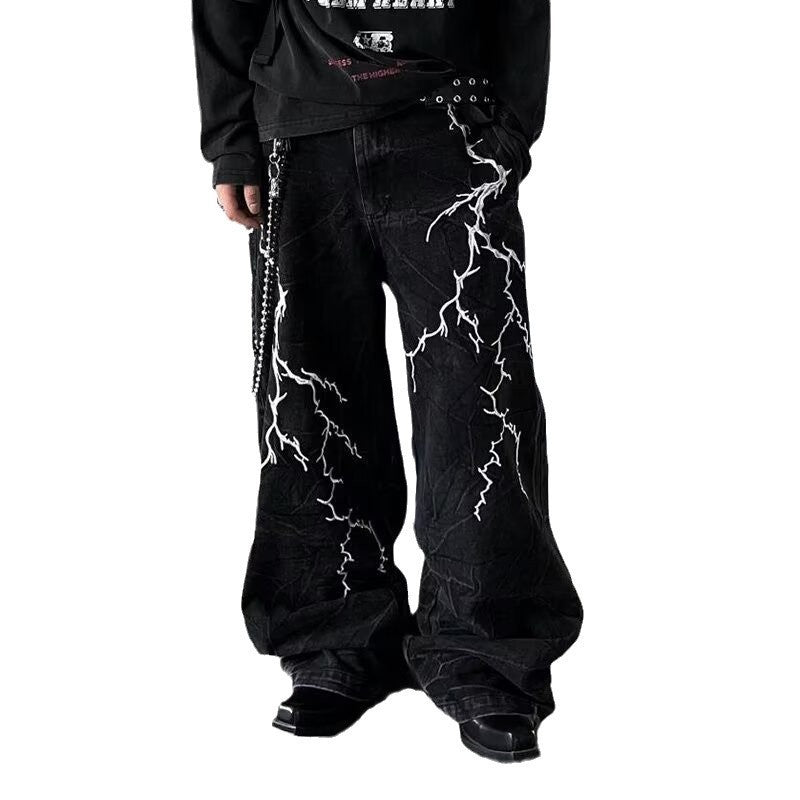 Retro Minority Washed Lightning Embroidered Jeans
