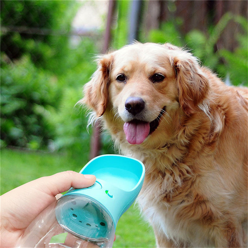 Portable pet water bottle with filter, blue bottle as dog drinks outdoors