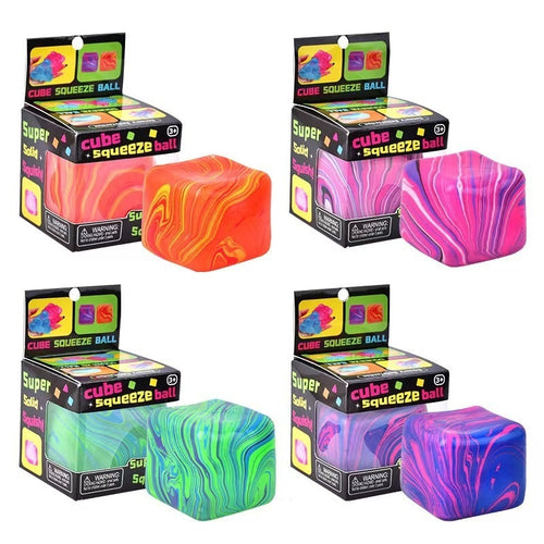 Boxed cube squeeze stress-relief toy with colorful swirled cube design