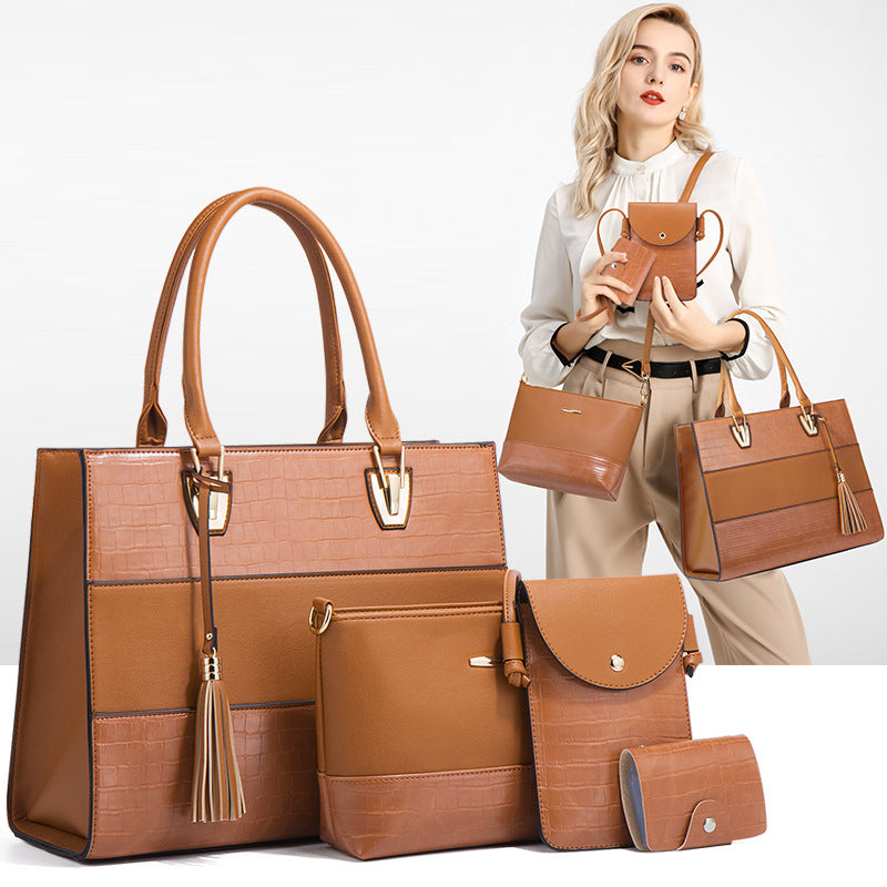 Crocodile-embossed PU handbag set in brown, with tassel detail and multiple pouches