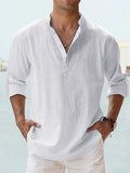 Light gray cotton stand-collar shirt with button placket and rolled sleeves