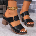 Black peep-toe chunky heel sandals with double straps and gold chain ankle bracelet