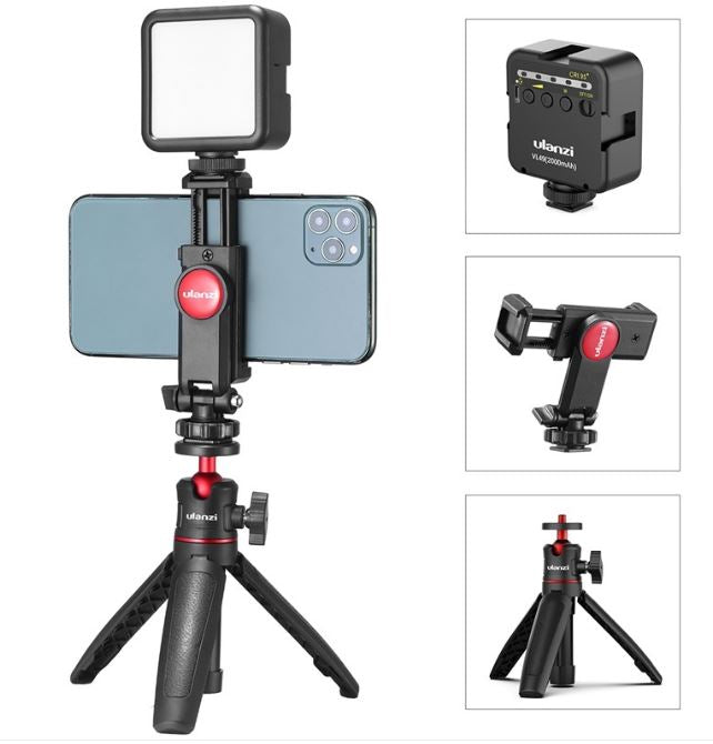 Black phone vlog selfie stick with LED fill light and tripod stand