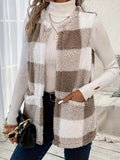 Women's sleeveless plaid sherpa vest jacket in cream and brown with front pockets