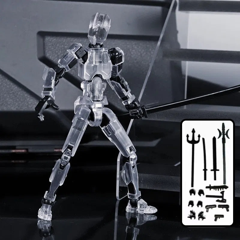 Clear articulated robot action figure with accessory parts card