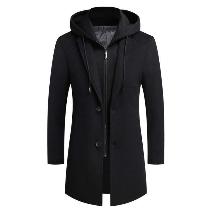 Men's Casual Woolen Coat Mid-length Detachable Hat Jacket