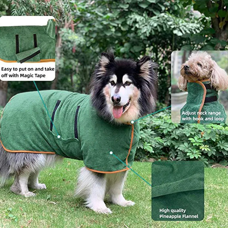 Green pet bathrobe towel with hood and orange-trim neck and front straps