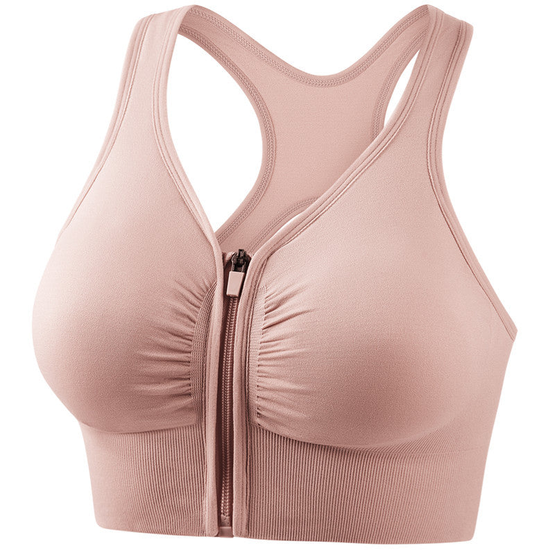 Blush pink zip-front full-cup shockproof sports bra with racerback straps
