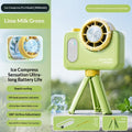 Lime green mini camera-style fan with ice-pack cooling insert in front grille
