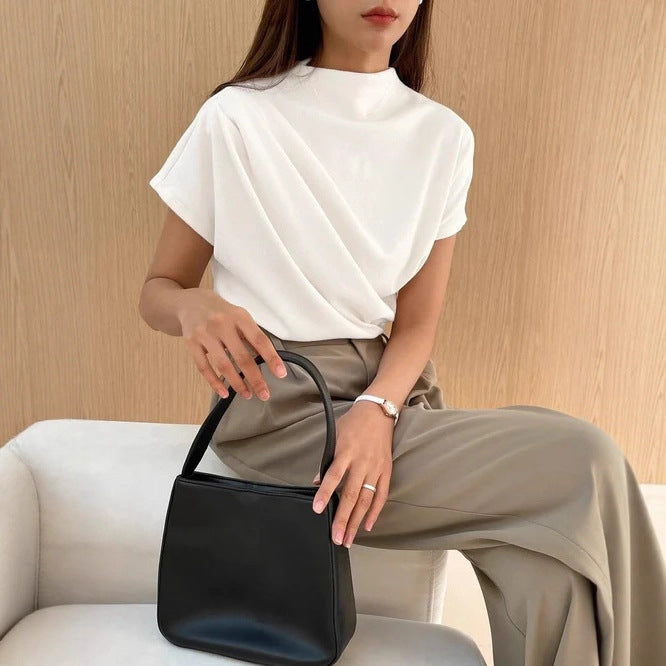 Women's Round Neck Draping Summer Blouse - Simple Short Sleeve