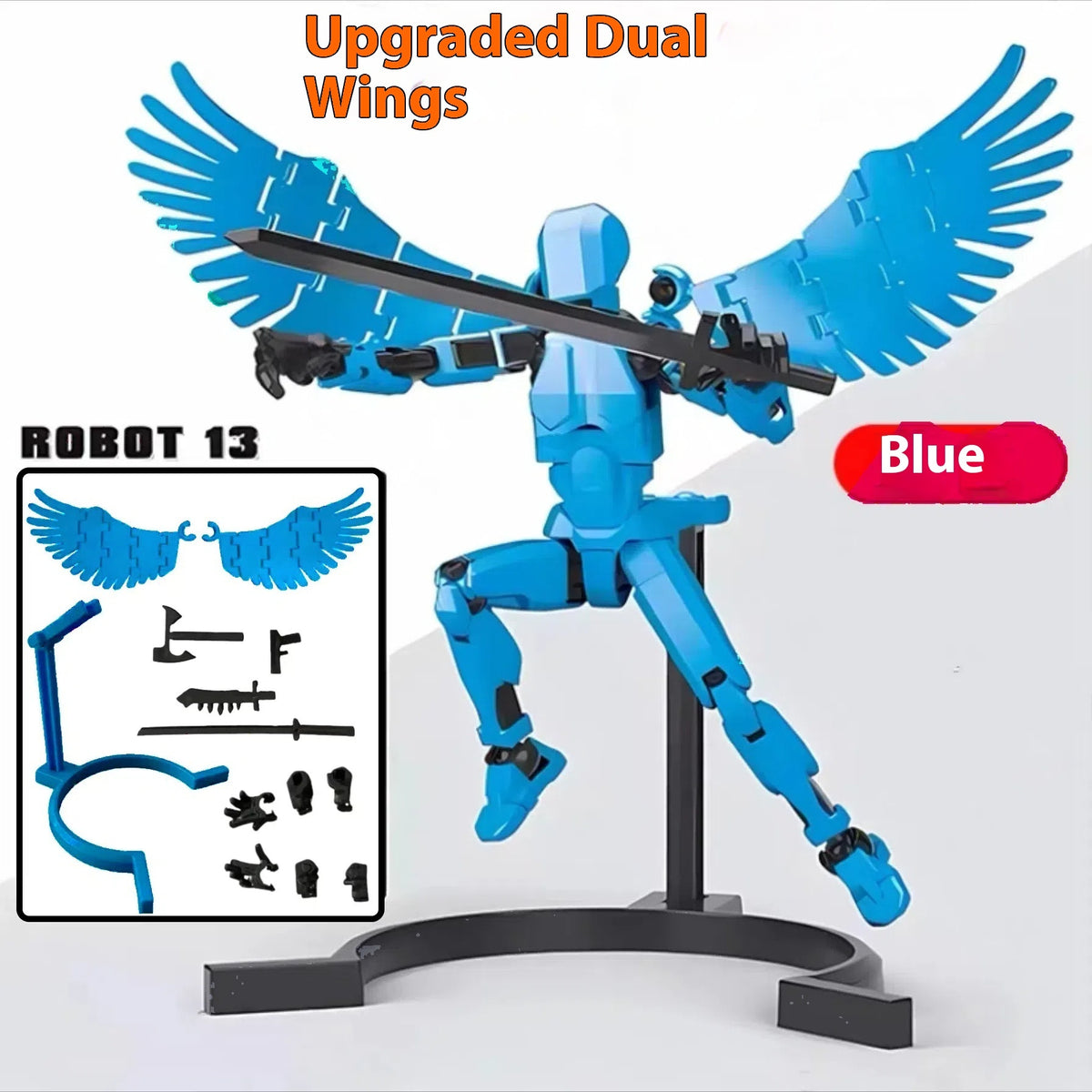 Blue 3D printed robot action figure with upgraded dual wings on a black base stand