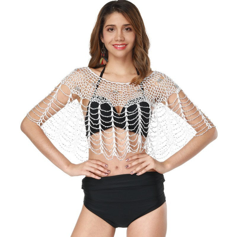 White Handmade Crochet Bikini Beach Cover Up Shawl Cape One Size See Through Tassel for Women
