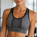 Sports bra, heather gray with black contrast racerback and elastic band