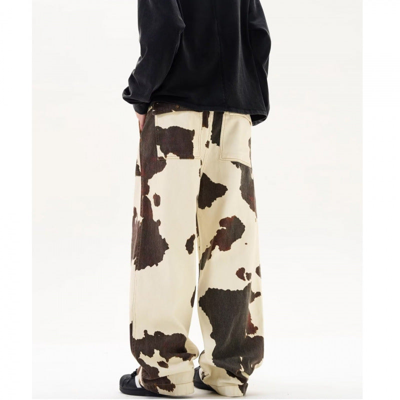 Men's Casual American Retro Cows Pattern Straight-leg Trousers