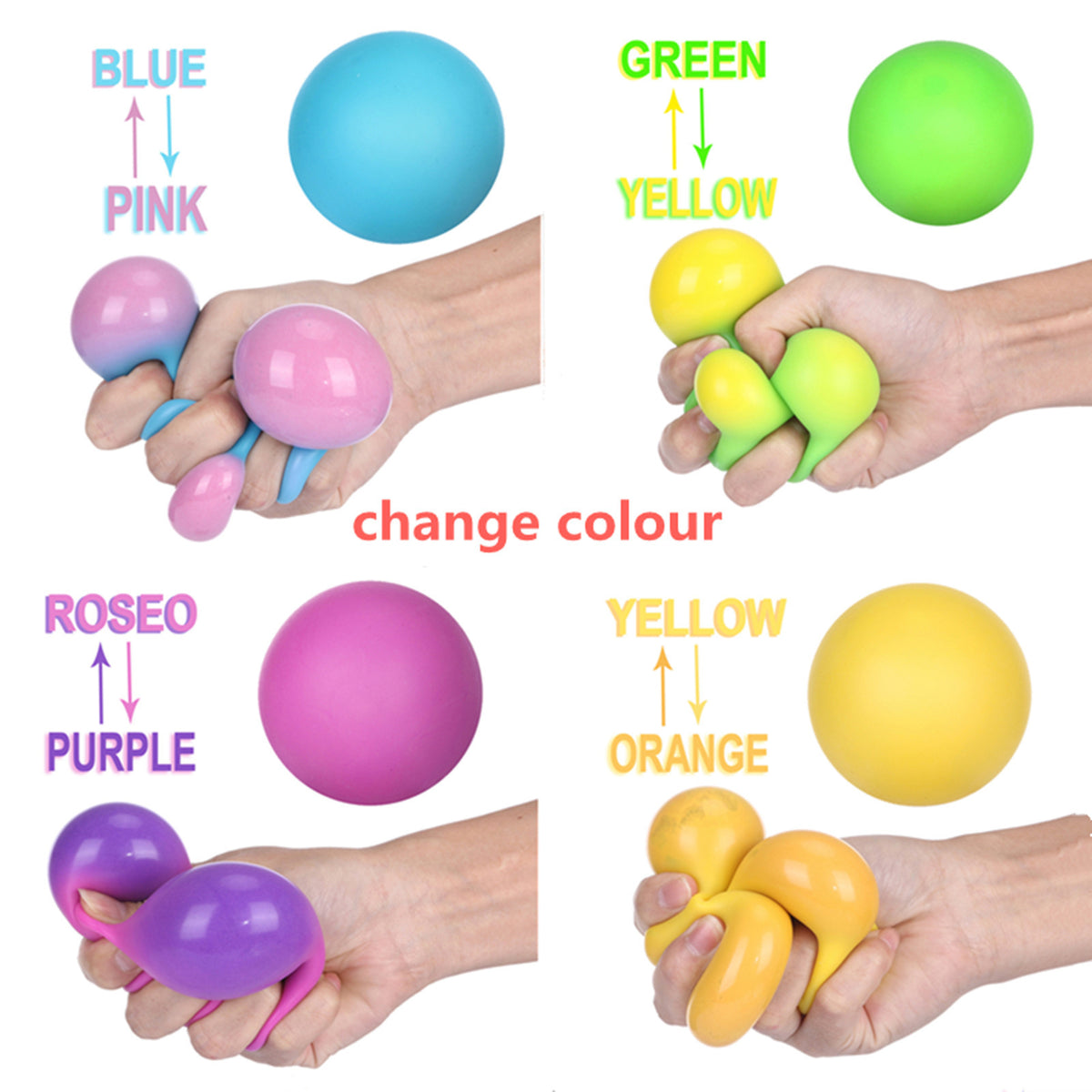 Color-changing TPR rubber vent ball set, blue, pink, and purple balls held in hand