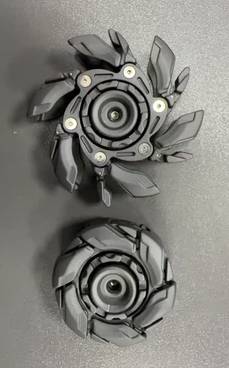 Dark gray rotating fingertip decompression gyro toy with two shown angles