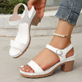 White open-toe chunky high heel sandals with ankle strap and oval buckle