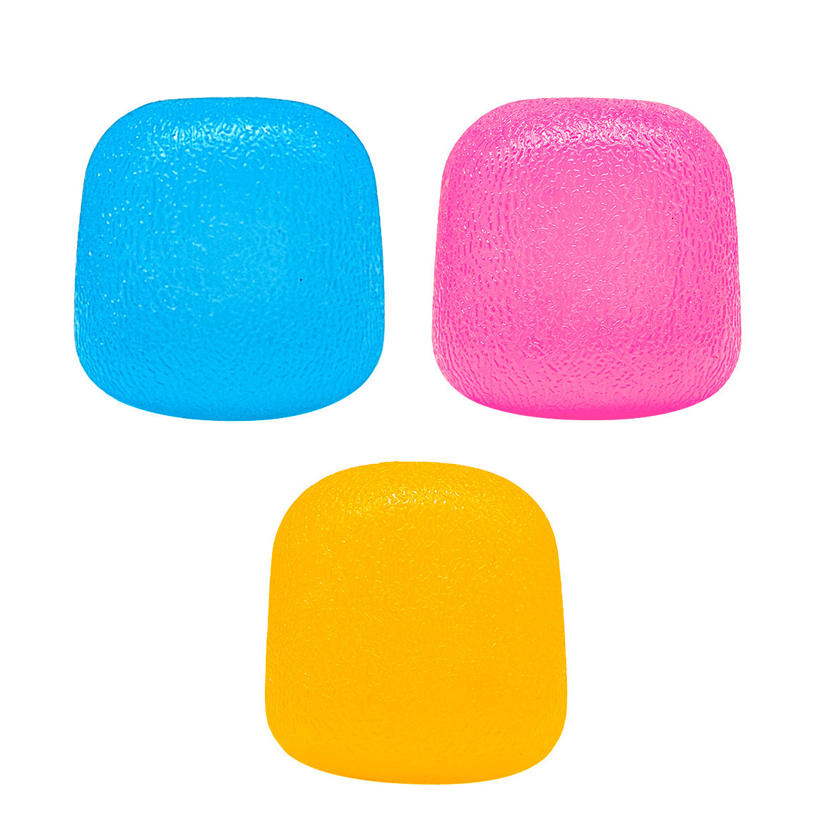 Three color-changing squishy cube toys in blue, pink, and yellow