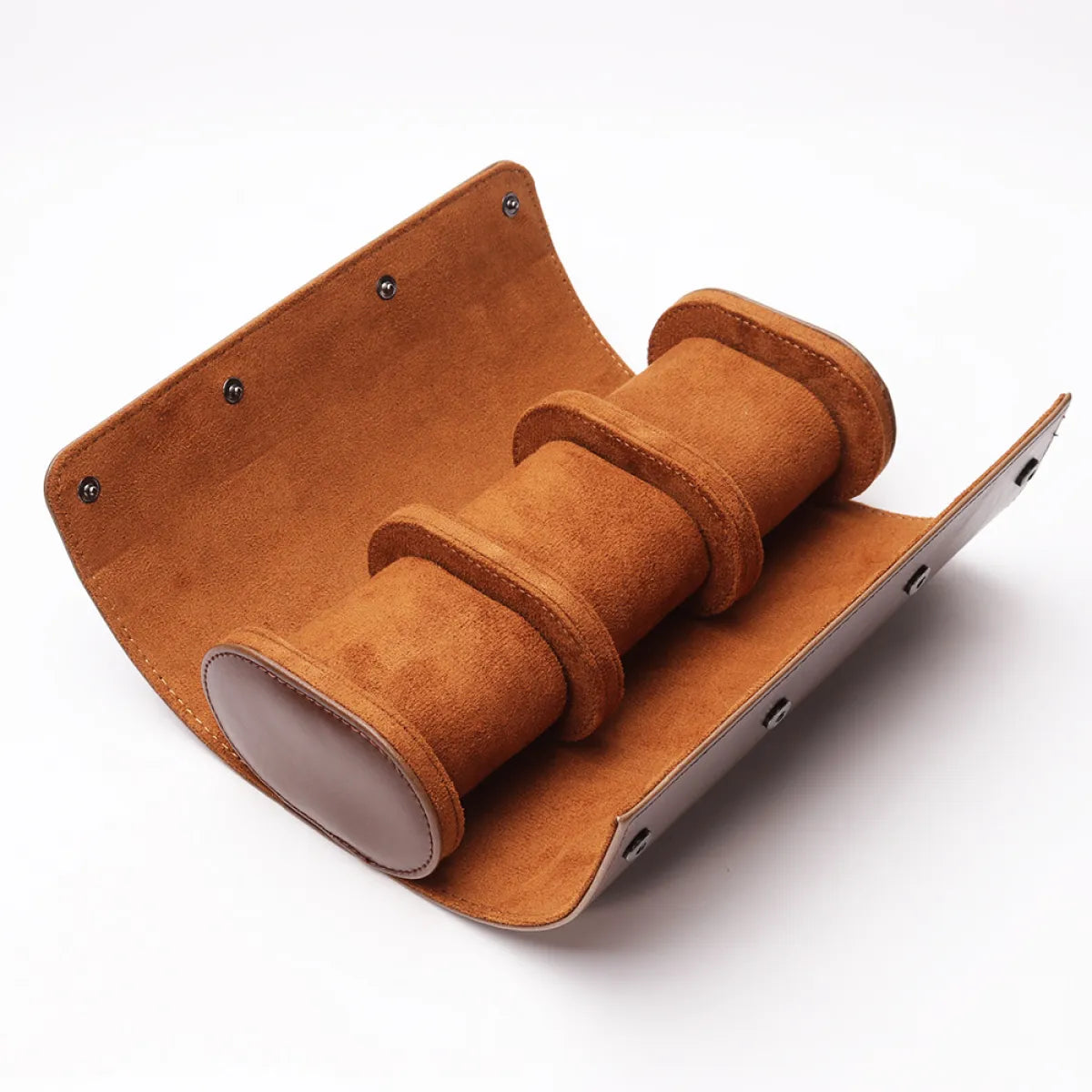 Three-slot travel watch case, open brown suede interior with three cushioned rolls
