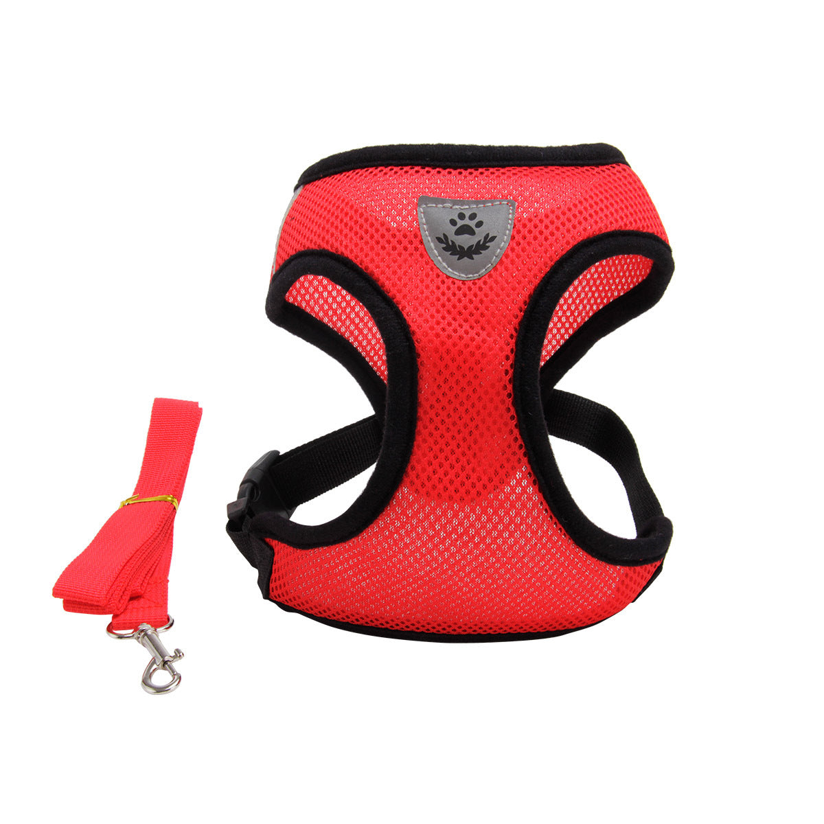 Red breathable mesh dog harness with paw badge and attached red leash