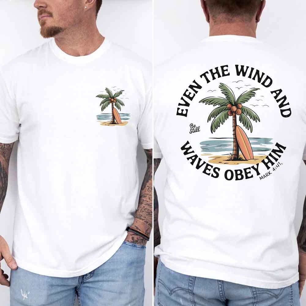 Light unisex graphic tee on model: front palm print and back verse text "Even the Wind"