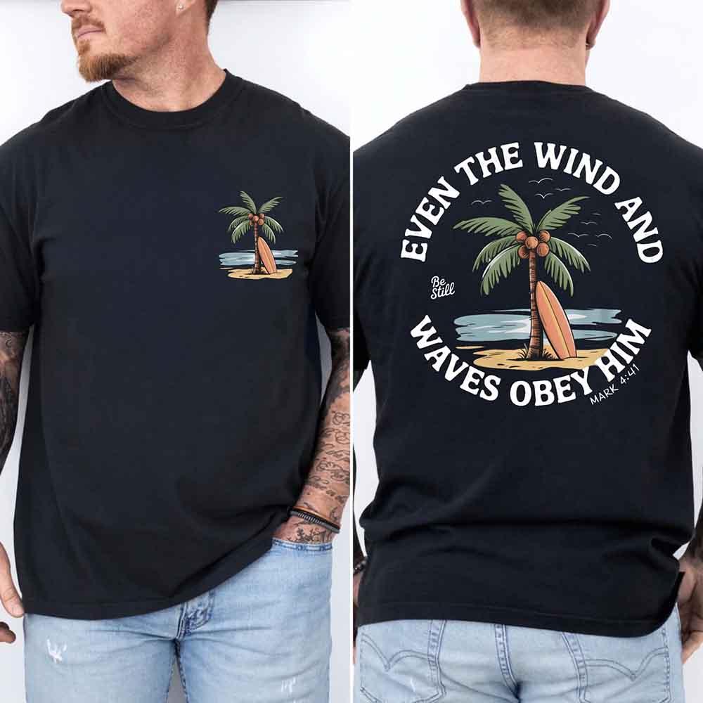 Black unisex tee, back graphic with palm tree and verse text