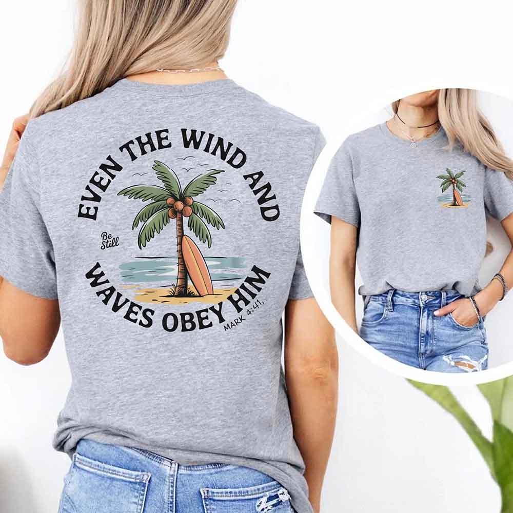 Sport grey unisex tee, back graphic with palm tree and verse text