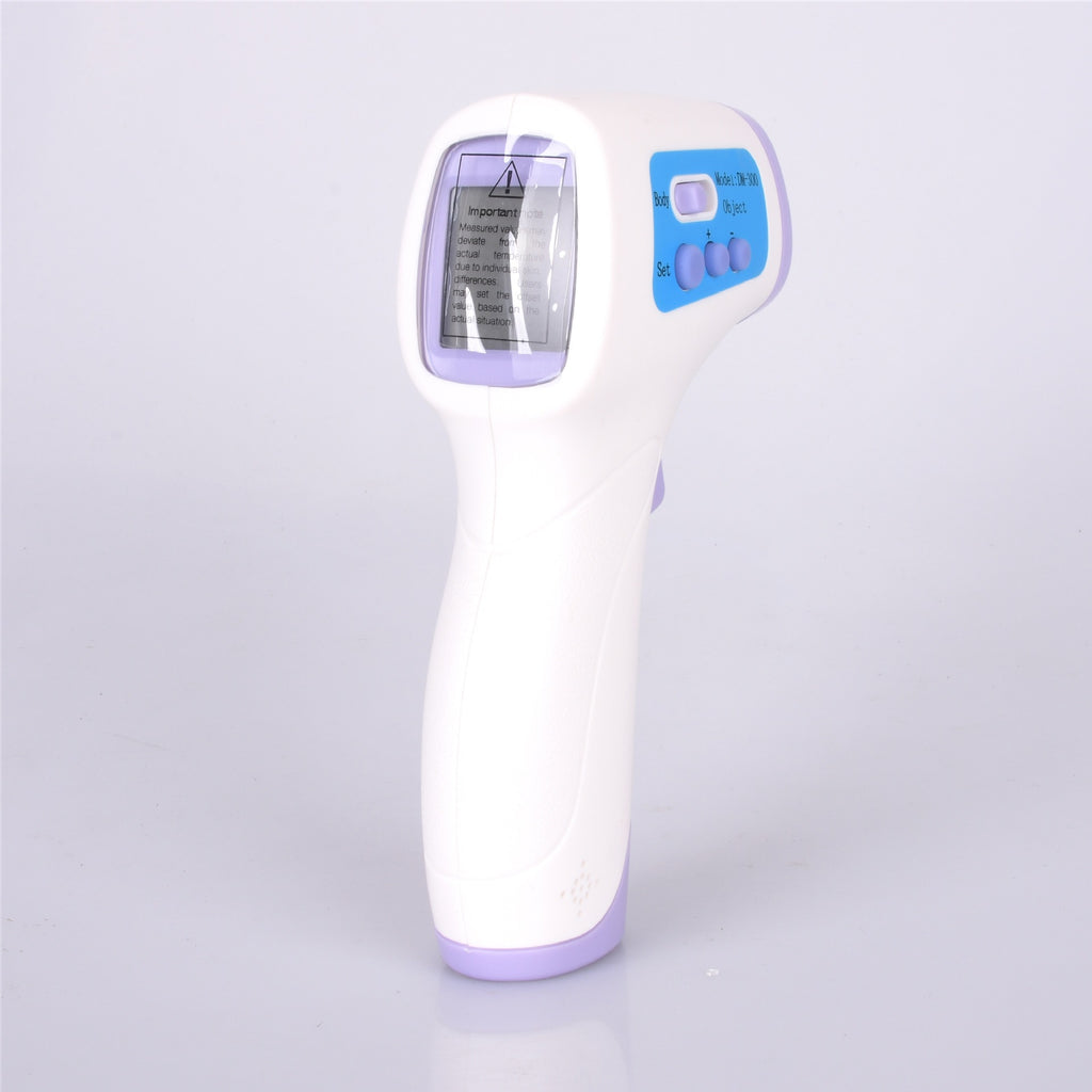 White infrared non-contact forehead thermometer with purple accent and blue display panel