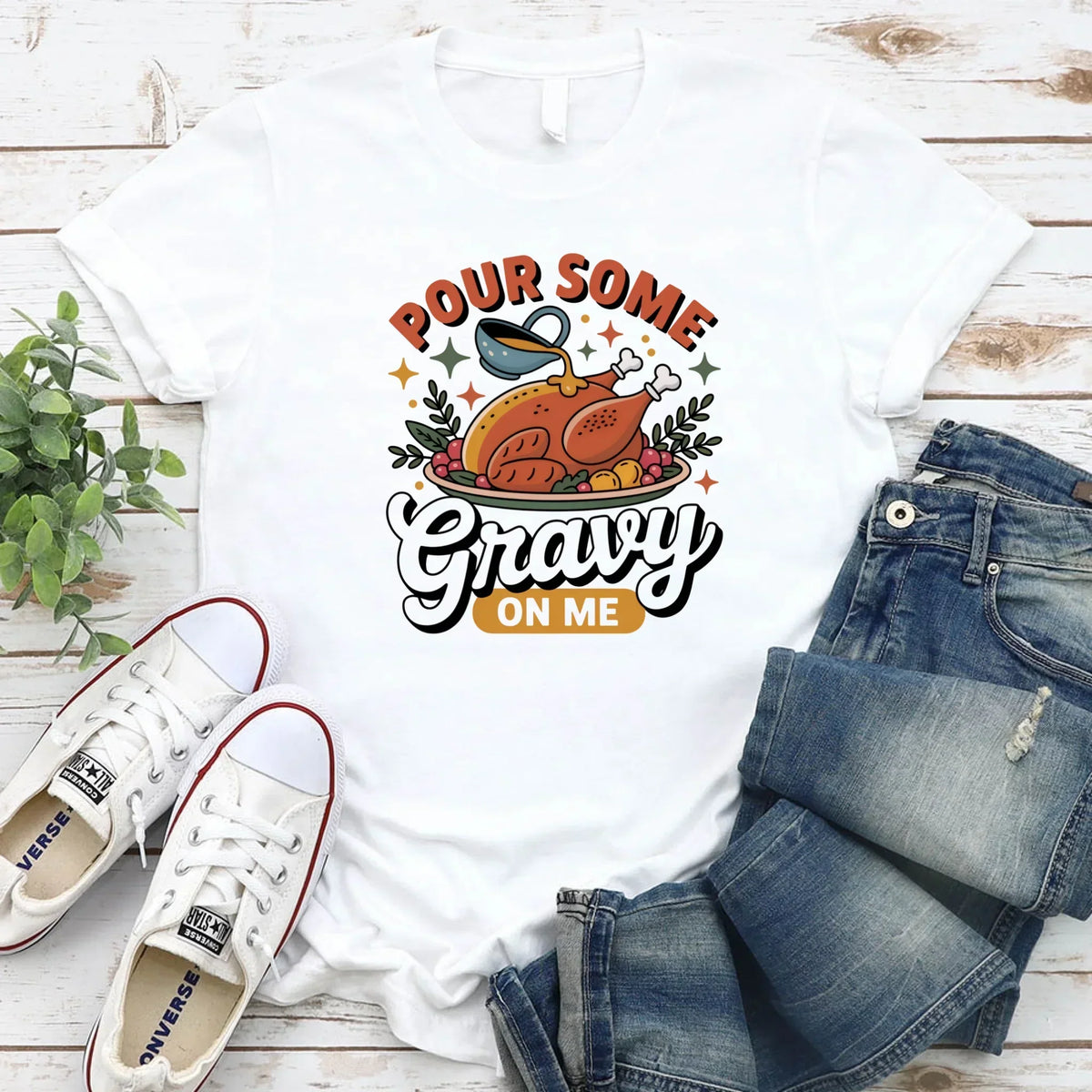 White Thanksgiving t-shirt with “Pour some Gravy on me” turkey and gravy graphic