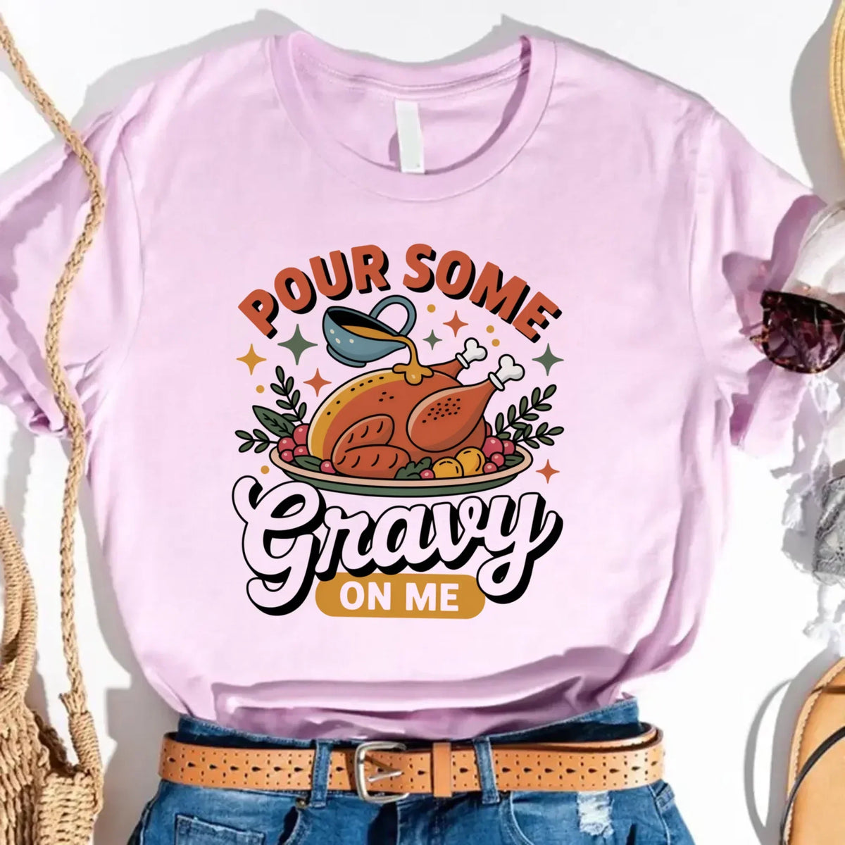 Lavender Thanksgiving T-shirt with “Pour Some Gravy on Me” turkey graphic