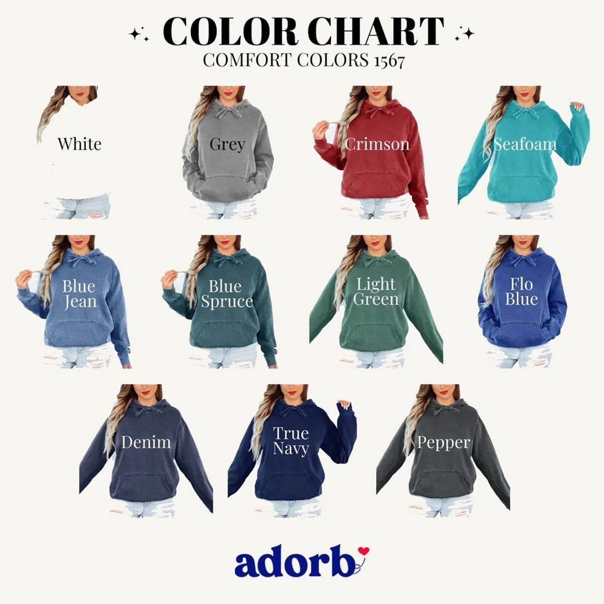 Comfort Colors hoodie color chart showing front views in several colors